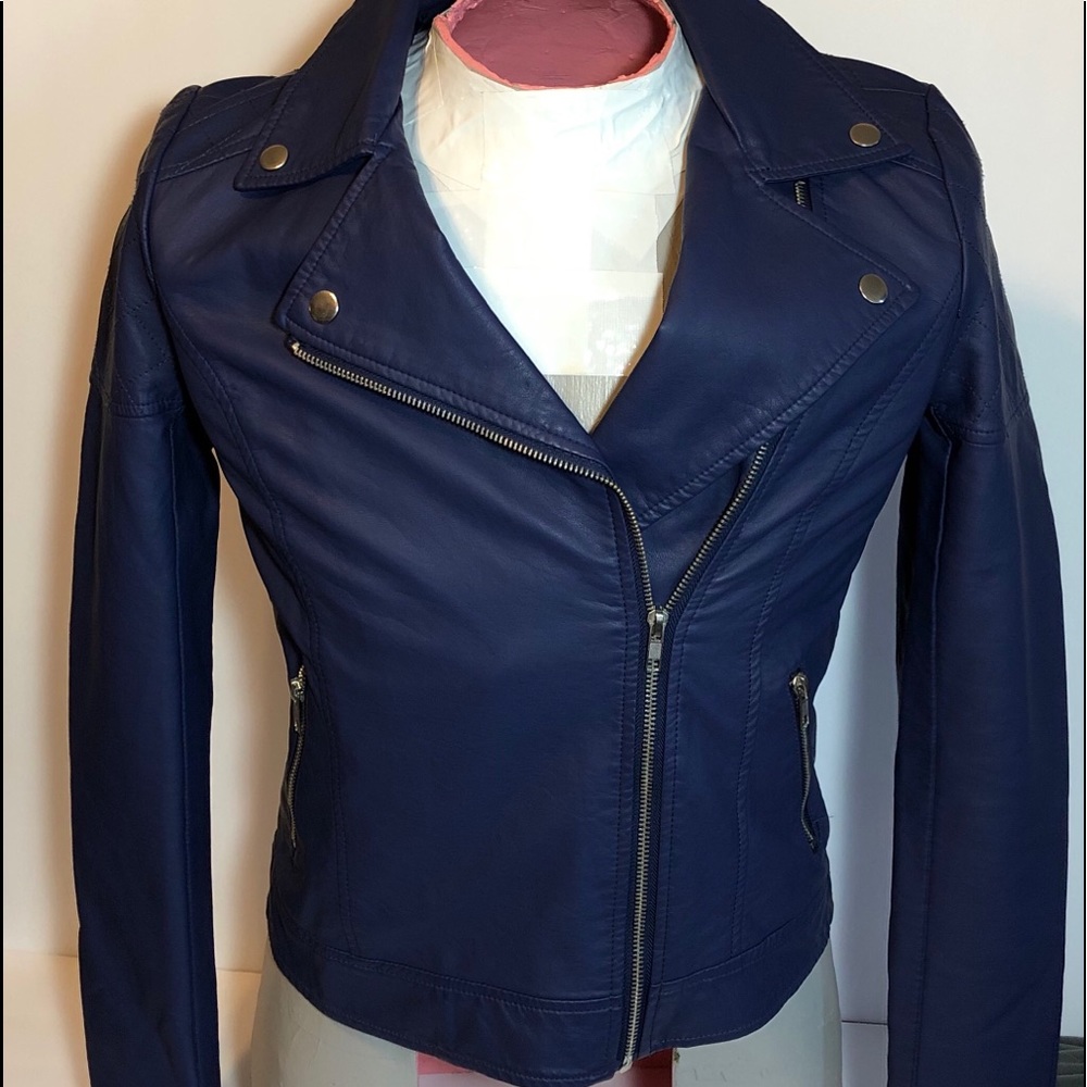 Forever 21 Blue Solid Moto Jacket Small Side Zip